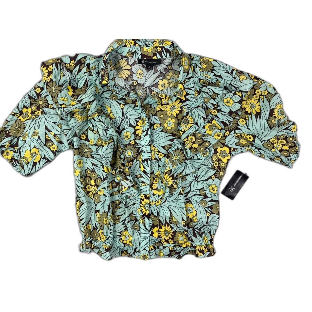 INC International Concepts Size M Womens Top Floral Button Ruffle Front